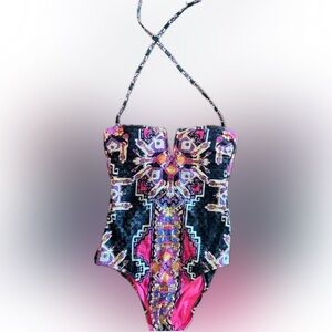 Becca by Rebecca Virtue Gray and Pink Geo Print One Piece